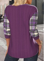 Plaid Button Purple Long Sleeve Split Neck Sweatshirt