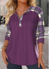 Plaid Button Purple Long Sleeve Split Neck Sweatshirt
