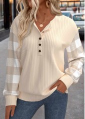 Plaid Patchwork Beige Long Sleeve Round Neck Sweatshirt