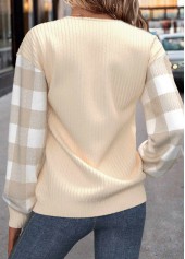 Plaid Patchwork Beige Long Sleeve Round Neck Sweatshirt