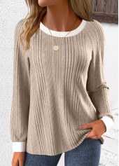 Patchwork Light Coffee Long Sleeve Round Neck Sweatshirt