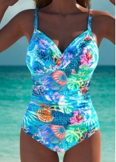 Marine Life Print Cut Out Cyan One Piece Swimwear