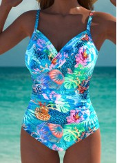 Marine Life Print Cut Out Cyan One Piece Swimwear