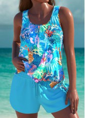 Marine Life Print Tie Cyan Tankini Set