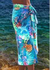 Marine Life Print Bowknot Cyan Cover Up
