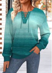 Ombre Lace Up Turquoise Long Sleeve Sweatshirt
