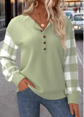 Plaid Patchwork Light Green Long Sleeve Round Neck Sweatshirt
