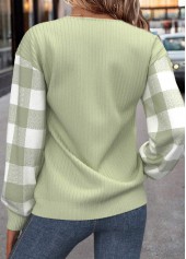 Plaid Patchwork Light Green Long Sleeve Round Neck Sweatshirt