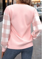 Plaid Patchwork Light Pink Long Sleeve Sweatshirt