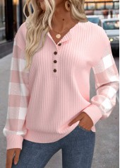Plaid Patchwork Light Pink Long Sleeve Sweatshirt