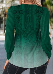Ombre Patchwork Green Long Sleeve V Neck T Shirt