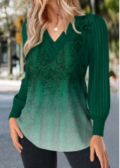 Ombre Patchwork Green Long Sleeve V Neck T Shirt