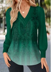 Ombre Patchwork Green Long Sleeve V Neck T Shirt