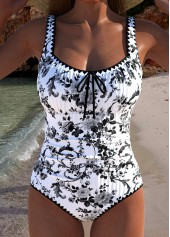 Random Floral Print Drawstring Black One Piece Swimwear