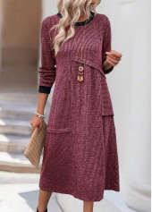 Patchwork Wine Red A Line Long Sleeve Dress