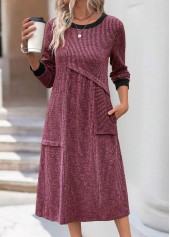 Patchwork Wine Red A Line Long Sleeve Dress