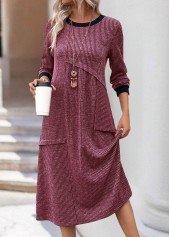 Patchwork Wine Red A Line Long Sleeve Dress