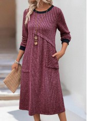Patchwork Wine Red A Line Long Sleeve Dress