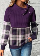 Plaid Patchwork Purple Long Sleeve Asymmetrical Neck Sweatshirt