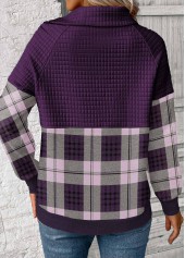 Plaid Patchwork Purple Long Sleeve Asymmetrical Neck Sweatshirt