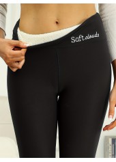 Letter Print Black Elastic Waist High Waisted Leggings