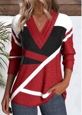 Geometric Print Patchwork Red Long Sleeve T Shirt
