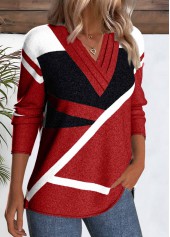 Geometric Print Patchwork Red Long Sleeve T Shirt