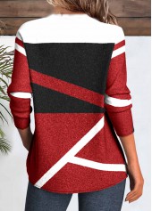 Geometric Print Patchwork Red Long Sleeve T Shirt