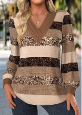 Striped Patchwork Light Coffee Long Sleeve T Shirt