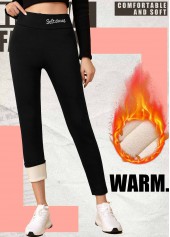 Letter Print Black Elastic Waist High Waisted Leggings