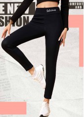 Letter Print Black Elastic Waist High Waisted Leggings