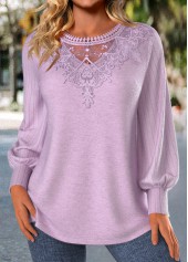 Embroidery Light Purple Long Sleeve Round Neck T Shirt