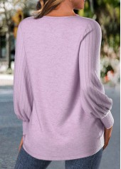 Embroidery Light Purple Long Sleeve Round Neck T Shirt
