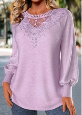 Embroidery Light Purple Long Sleeve Round Neck T Shirt