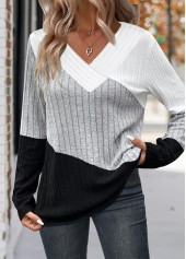 Patchwork Multi Color Long Sleeve V Neck T Shirt