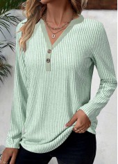 Striped Button Light Green Long Sleeve T Shirt