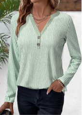Striped Button Light Green Long Sleeve T Shirt