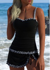 Striped Contrast Binding Black Tankini Set