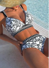 Floral Print Patchwork Black Bikini Set