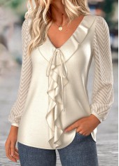 Patchwork Champagne Long Sleeve V Neck Blouse