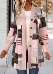 Geometric Print Button Light Pink Long Sleeve Coat