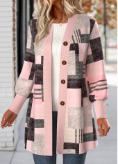 Geometric Print Button Light Pink Long Sleeve Coat