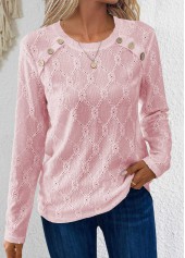 Button Pink Long Sleeve Round Neck T Shirt