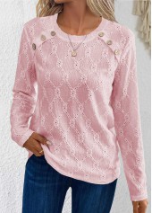 Button Pink Long Sleeve Round Neck T Shirt