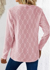 Button Pink Long Sleeve Round Neck T Shirt