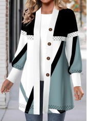 Geometric Print Button Multi Color Long Sleeve Coat