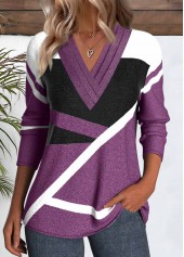 Geometric Print Button Purple Long Sleeve T Shirt