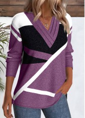 Geometric Print Button Purple Long Sleeve T Shirt