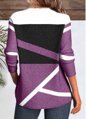 Geometric Print Button Purple Long Sleeve T Shirt
