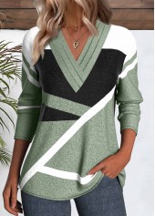 Geometric Print Patchwork Sage Green Long Sleeve T Shirt